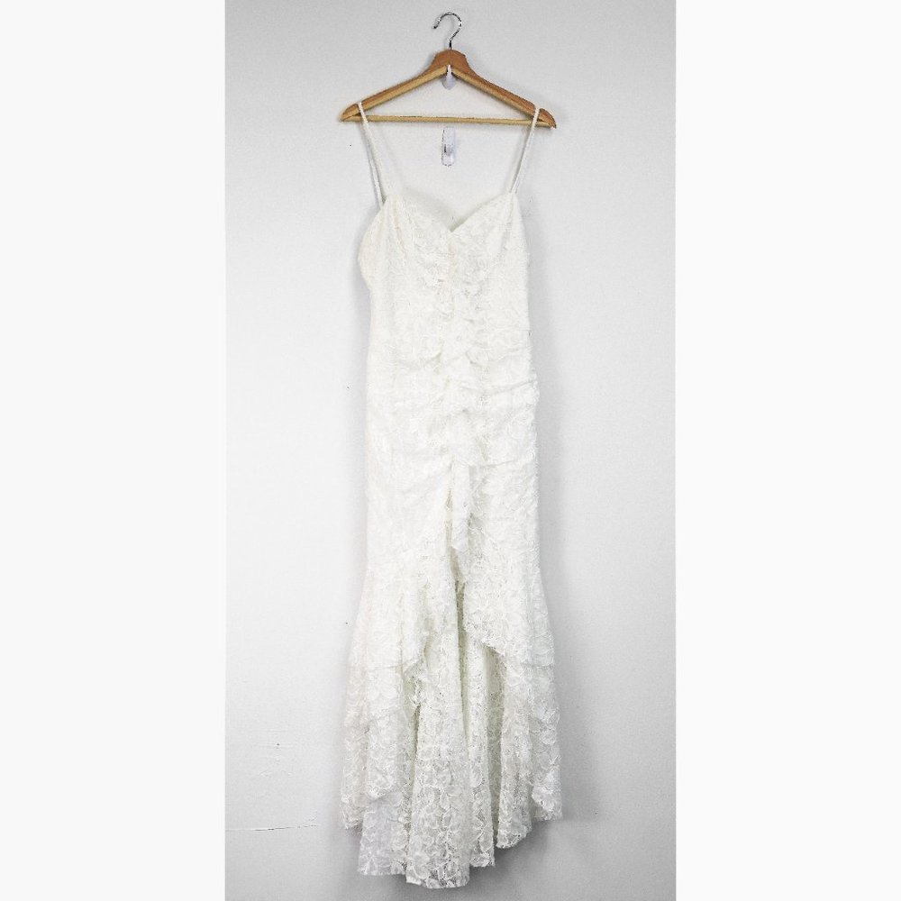 NBD Rosaleen Floral Lace Ruched High-Low Tiered Sleeveless Ruffle Gown White S